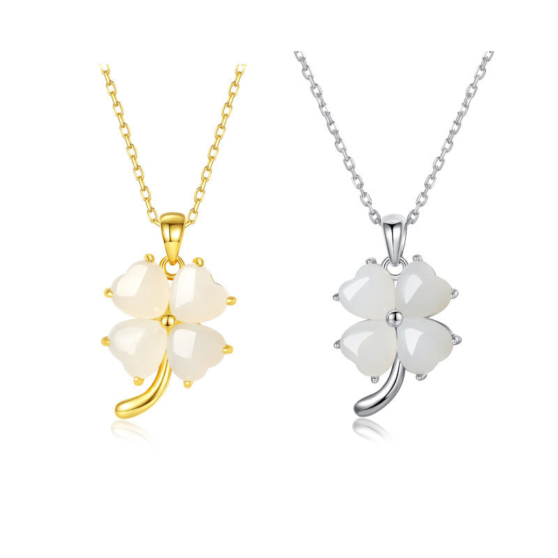 Lucky Four-leaf Clover Necklace Female S925 Sterling Silver Hetian Jade