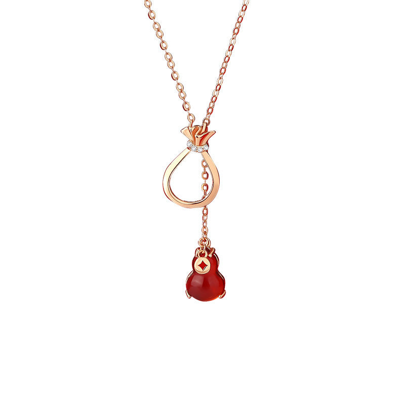 Women's Sterling Silver Retro Ethnic Style New Chinese Style Red Agate Gourd Clavicle Chain