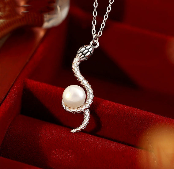 Pearl Necklace Snake Year Clavicle Chain Sterling Silver