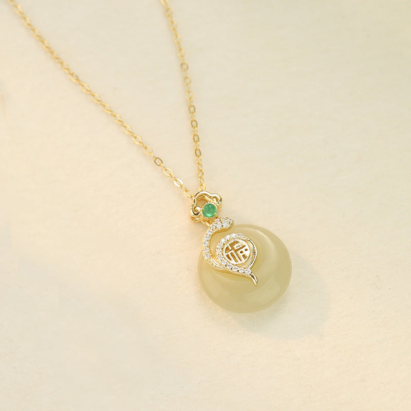 Sterling Silver Snake Chinese Style Hetian Jade Necklace