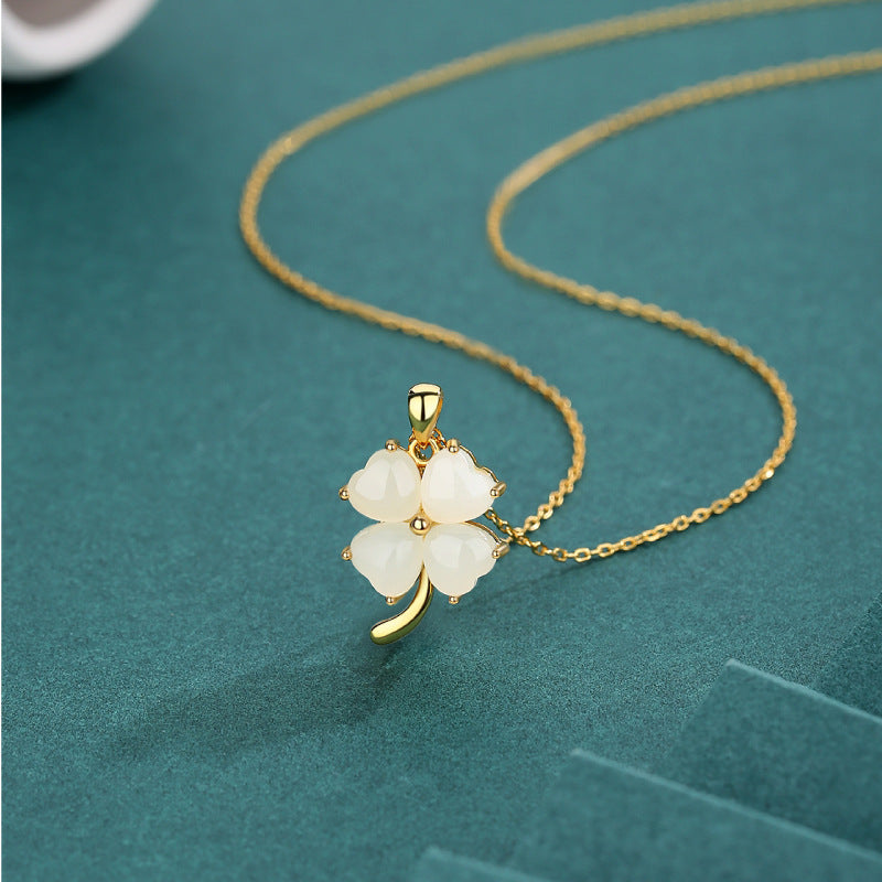 Lucky Four-leaf Clover Necklace Female S925 Sterling Silver Hetian Jade