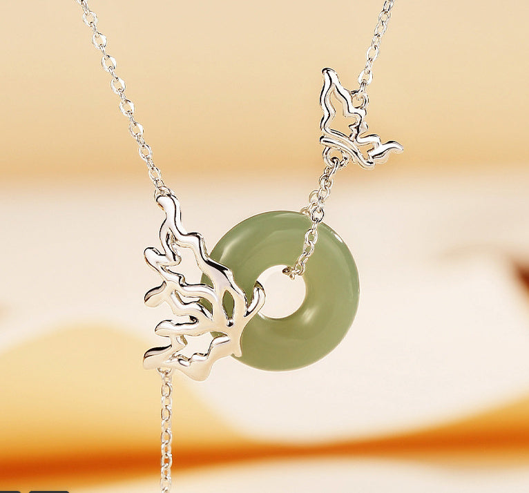 Women's Sterling Silver Butterfly Necklace Personalized Cold Style Hetian Jade Necklace