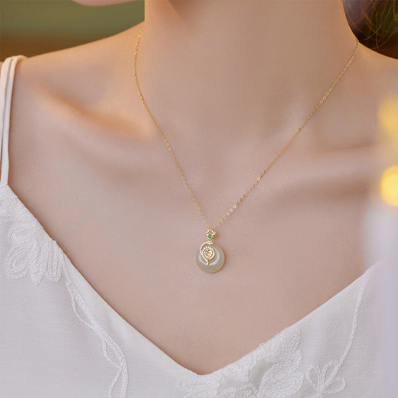 Sterling Silver Snake Chinese Style Hetian Jade Necklace