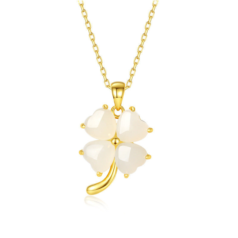Lucky Four-leaf Clover Necklace Female S925 Sterling Silver Hetian Jade