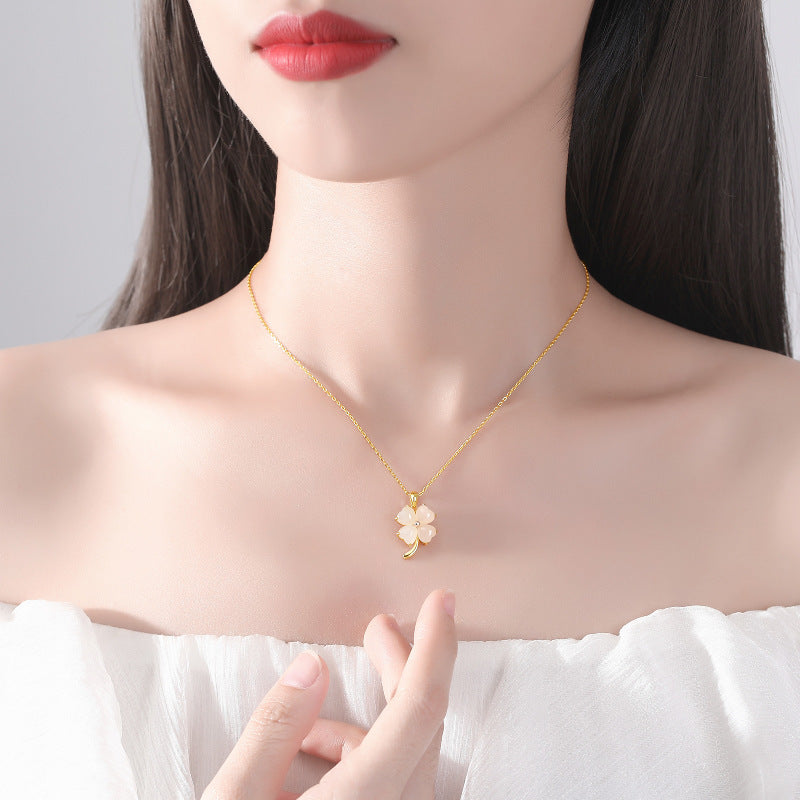 Lucky Four-leaf Clover Necklace Female S925 Sterling Silver Hetian Jade