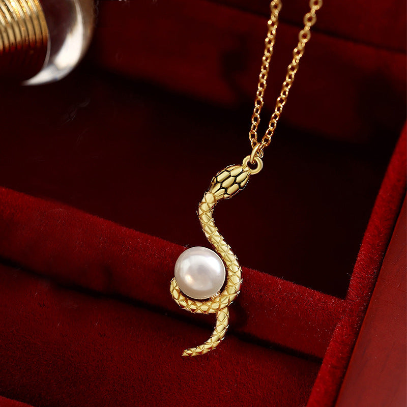 Pearl Necklace Snake Year Clavicle Chain Sterling Silver