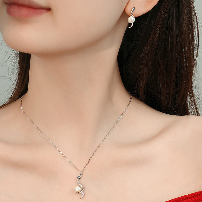 Pearl Necklace Snake Year Clavicle Chain Sterling Silver