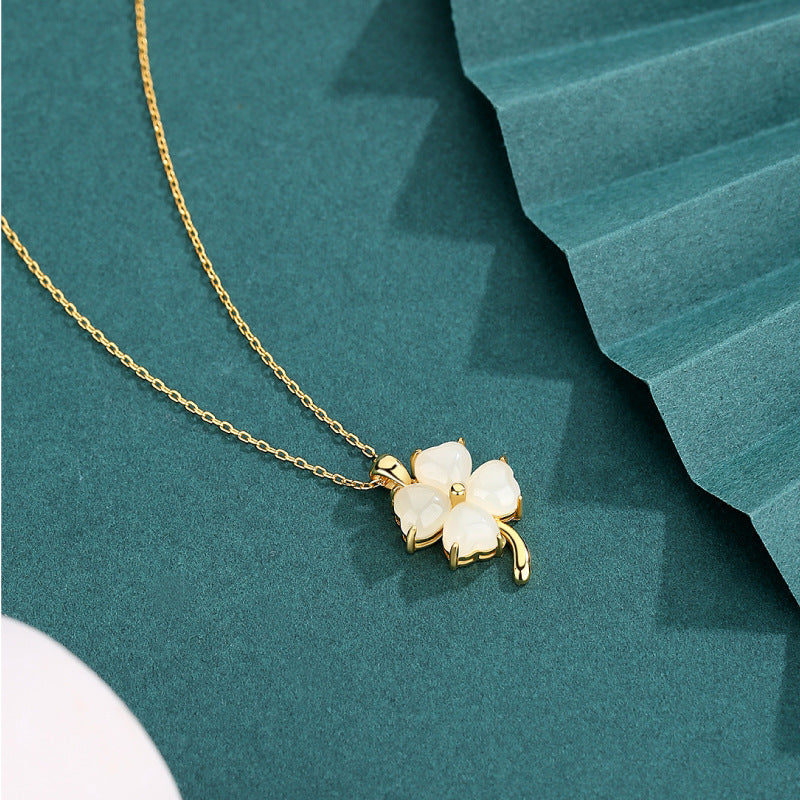 Lucky Four-leaf Clover Necklace Female S925 Sterling Silver Hetian Jade