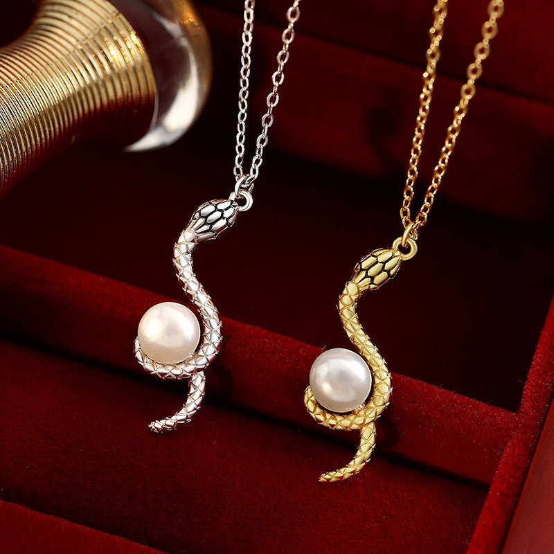 Pearl Necklace Snake Year Clavicle Chain Sterling Silver