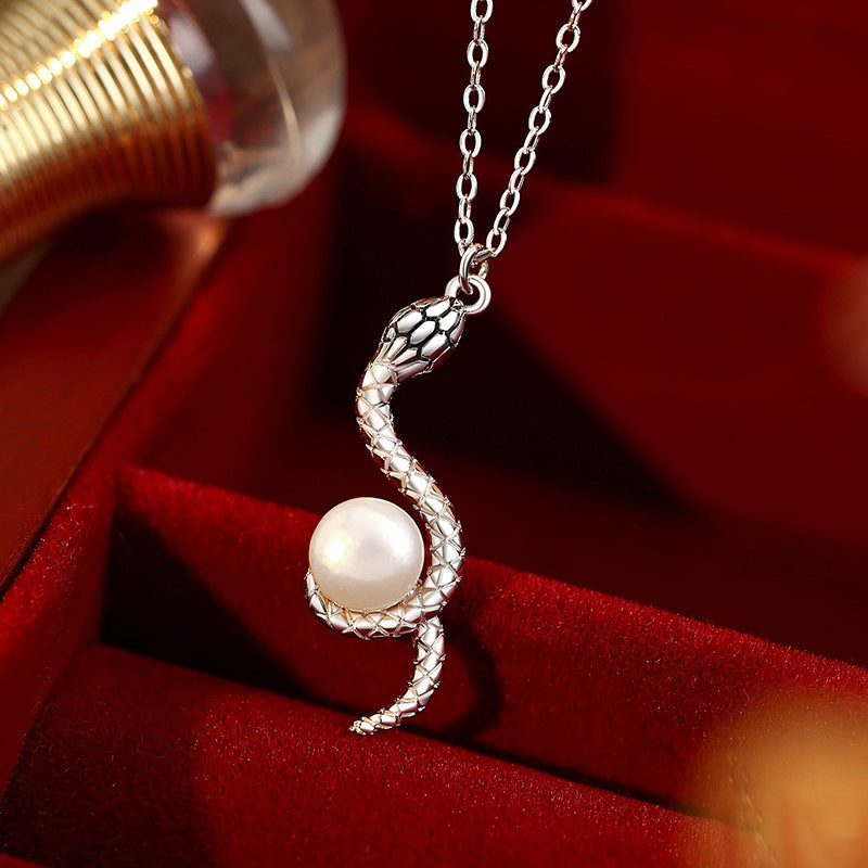 Pearl Necklace Snake Year Clavicle Chain Sterling Silver