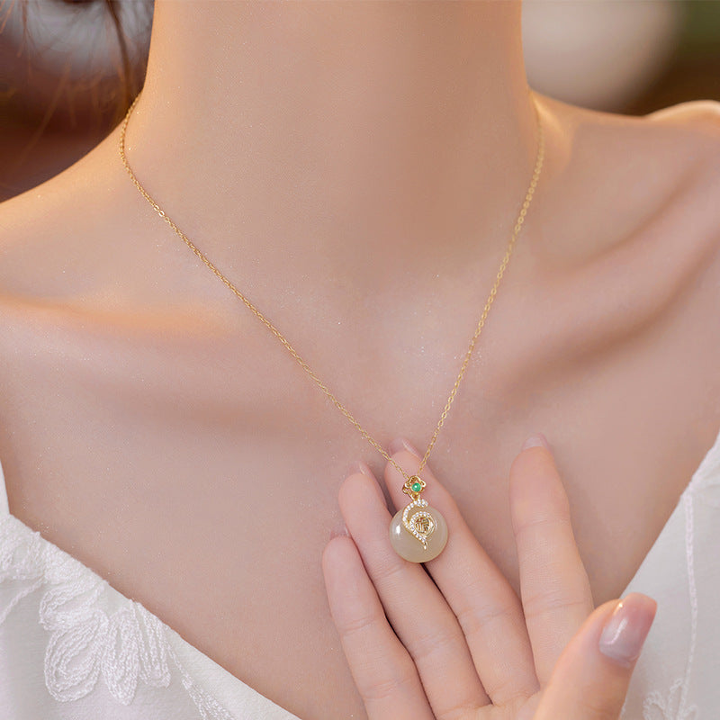 Sterling Silver Snake Chinese Style Hetian Jade Necklace