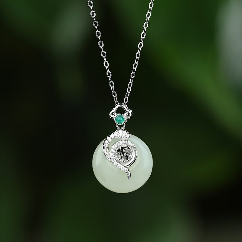 Sterling Silver Snake Chinese Style Hetian Jade Necklace