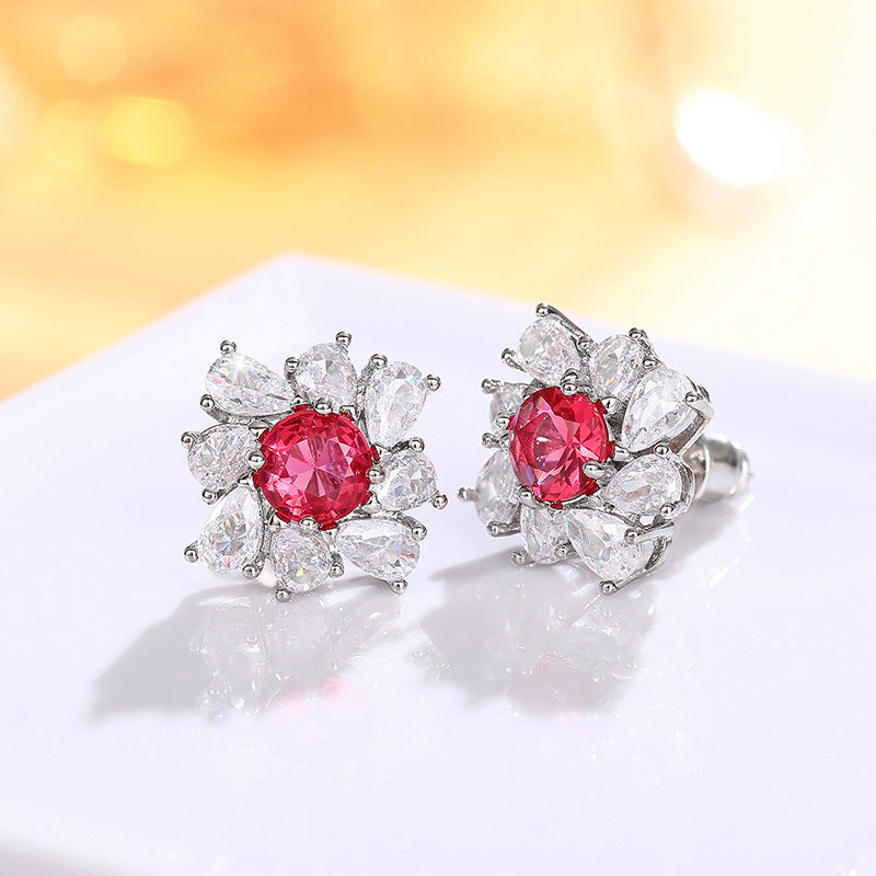 Women's Red Diamond Pear-shaped Water Drop Flower Earrings
