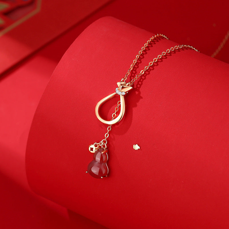 Women's Sterling Silver Retro Ethnic Style New Chinese Style Red Agate Gourd Clavicle Chain